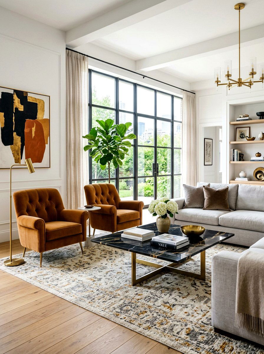 Black marble table caramel chairs - 30 caramel and black living room ideas