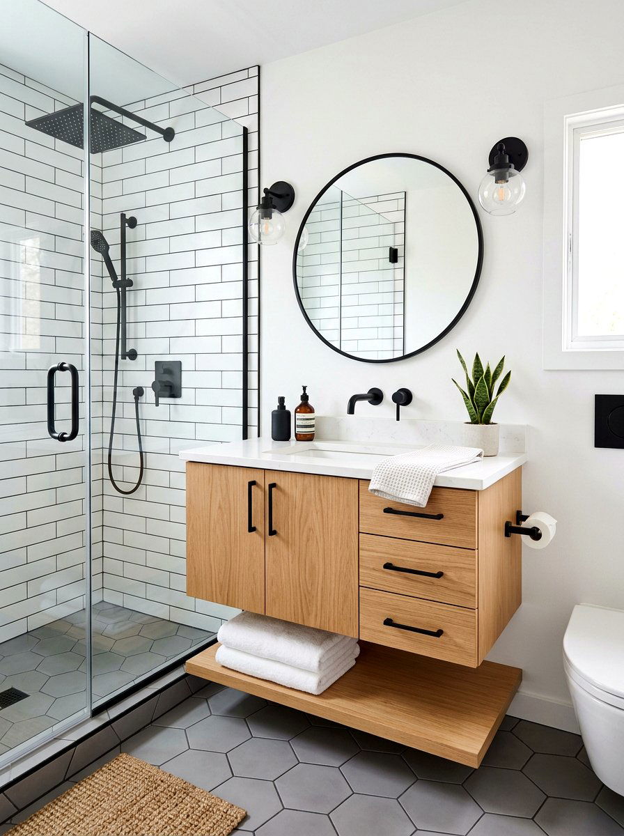 Black matte hardware - 30 mid century bathroom ideas