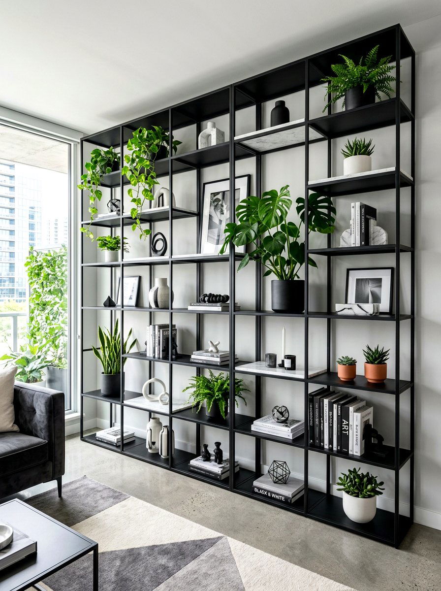 Black matte shelving - 30 office shelving styling ideas