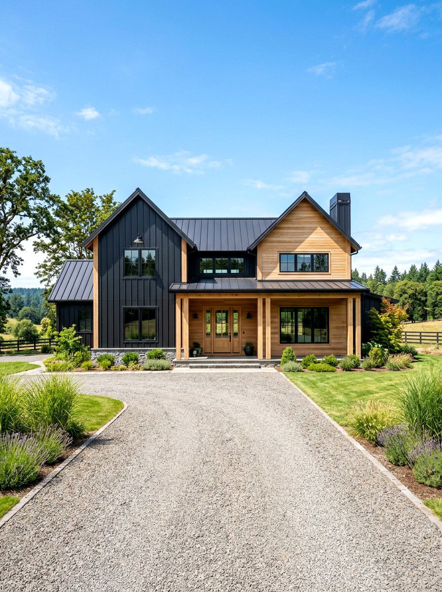 Black metal and light wood - 30 mixed material facade ideas