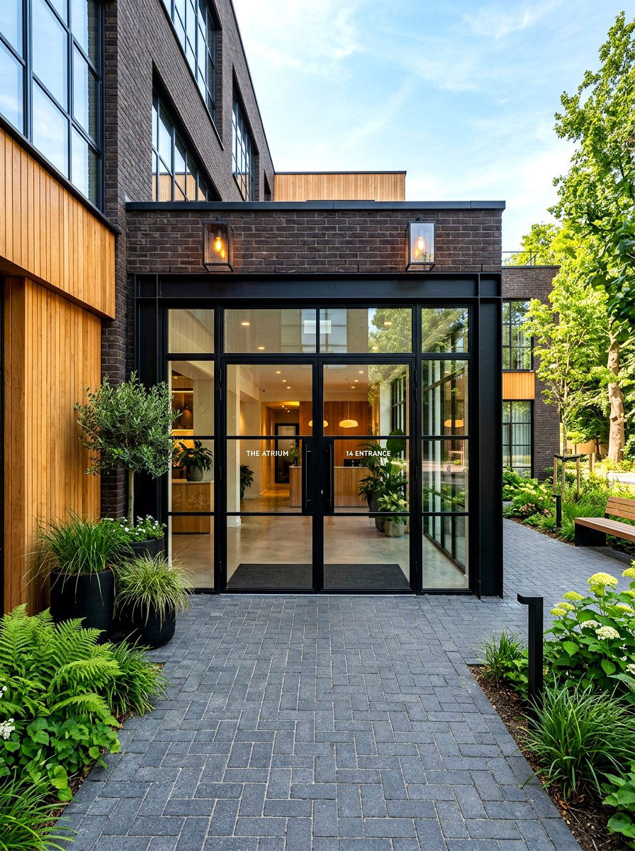 Black metal frame entrance - 30 courtyard house entry ideas