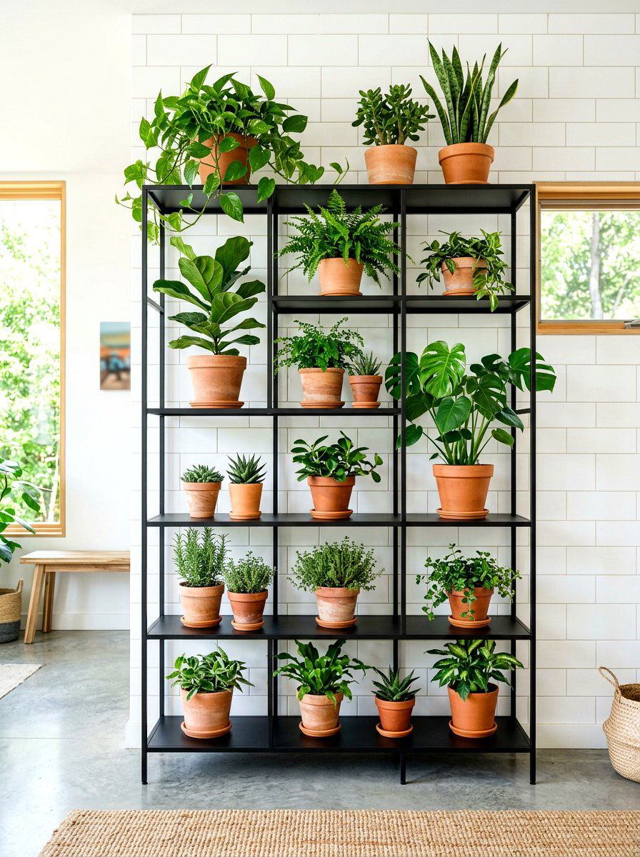 Black metal frame shelf - 30 bathroom plant shelf ideas