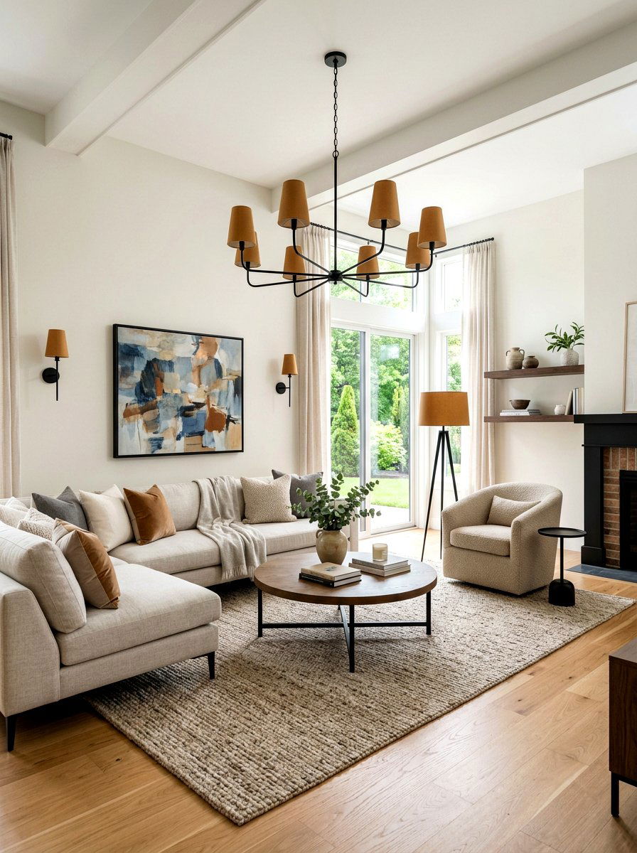 Black metal lighting caramel shades - 30 caramel and black living room ideas