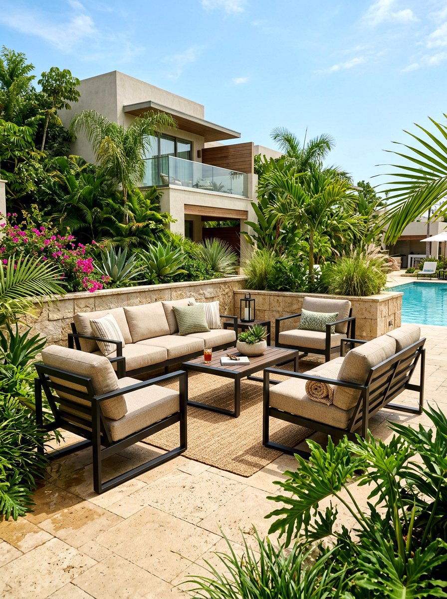 Black metal patio furniture with sand cushions - 30 sand and black decor ideas