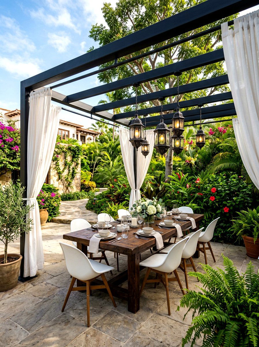 Black metal pergola with white curtains - 30 black and white patio ideas