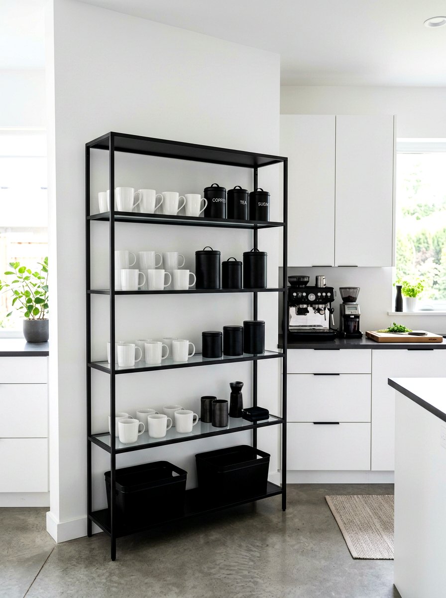 Black metal shelf - 30 tiny kitchen open shelf ideas