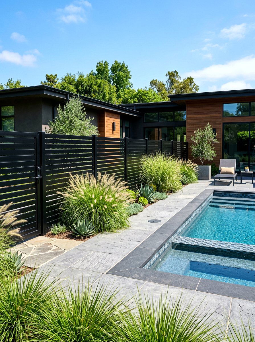 Black metal slat fence - 30 pool equipment enclosure ideas