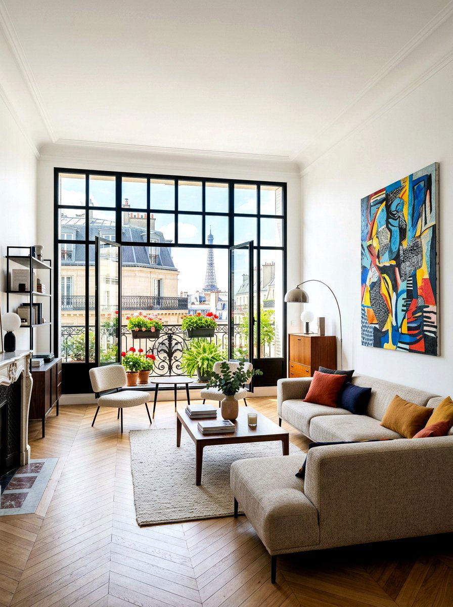 Black metal window frames - 30 Parisian living room ideas