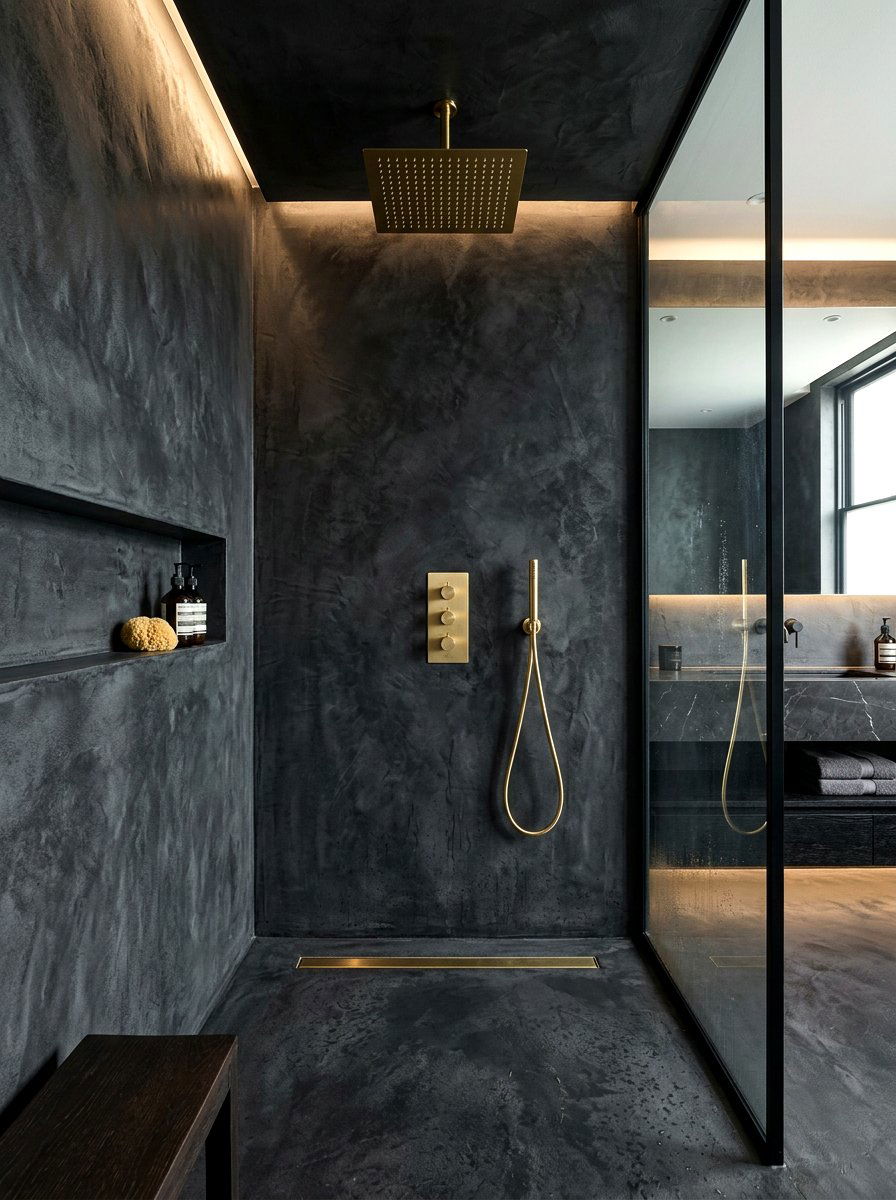 Black microcement shower - 30 microcement shower ideas