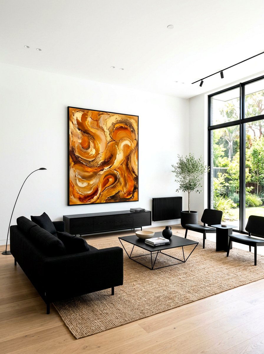 Black minimalist living room caramel pop - 30 caramel and black living room ideas