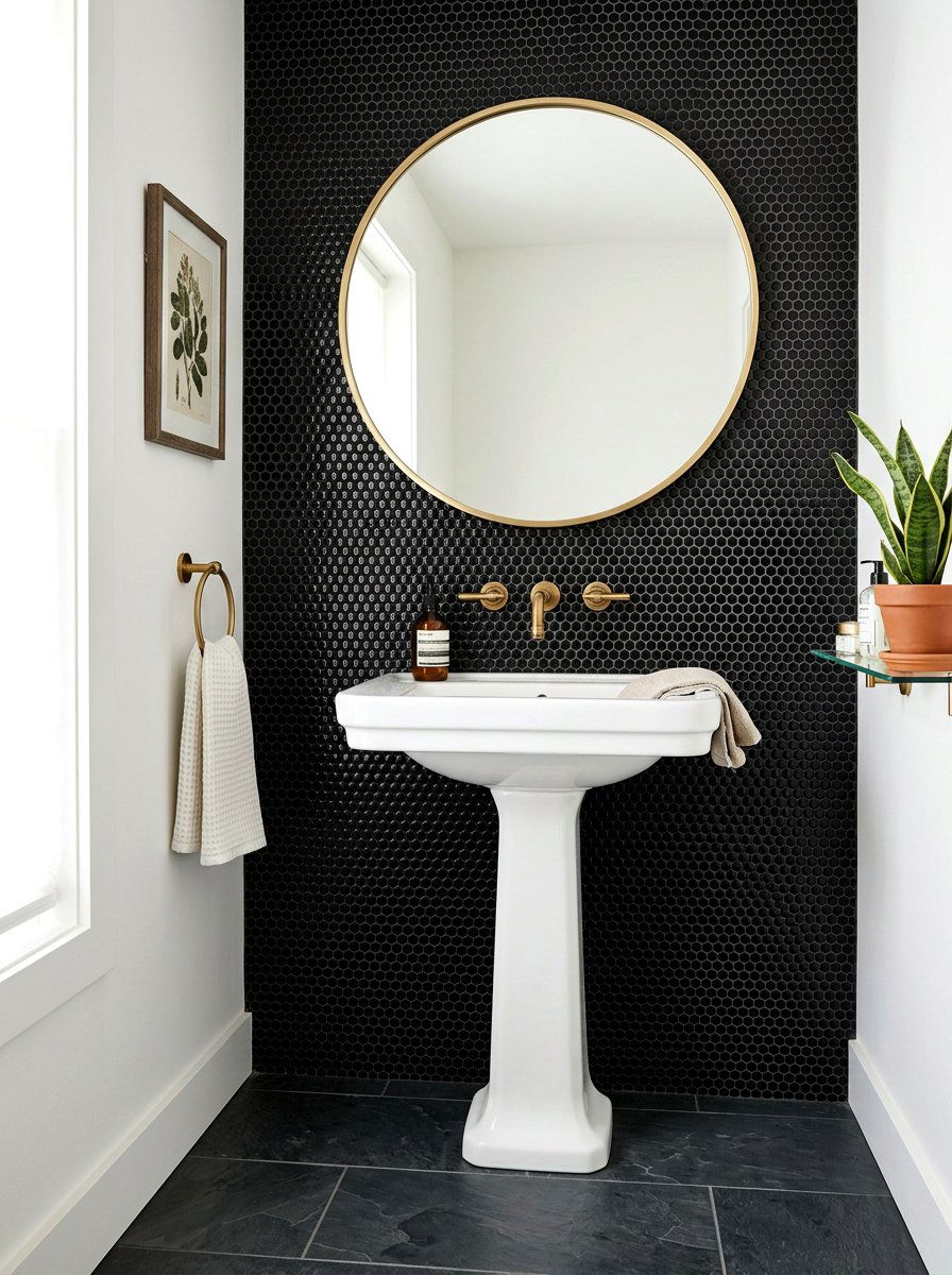 Black penny tile wall - 30 penny tile bathroom ideas