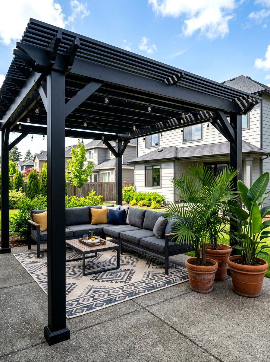 Black pergola on concrete patio - 30 black pergola ideas