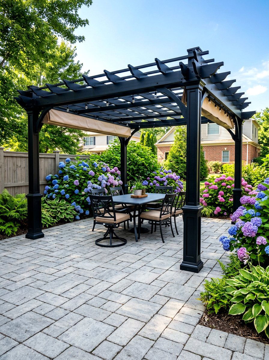 Black pergola on pavers - 30 black pergola ideas