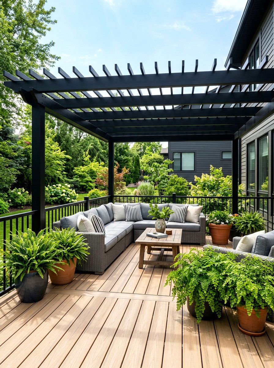 Black pergola over deck - 30 black pergola ideas