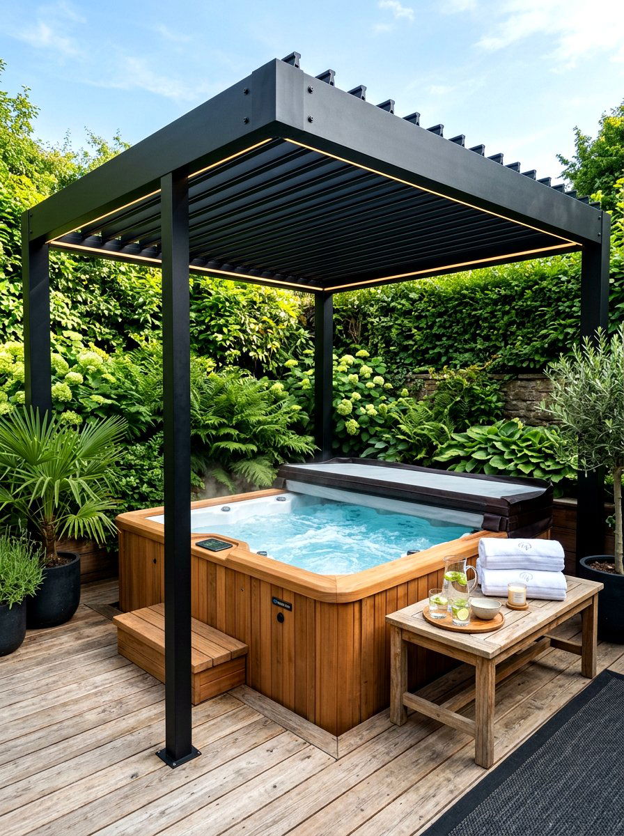 Black pergola over hot tub - 30 black pergola ideas