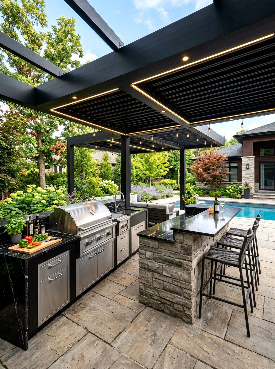 Black pergola over outdoor kitchen - 30 black pergola ideas