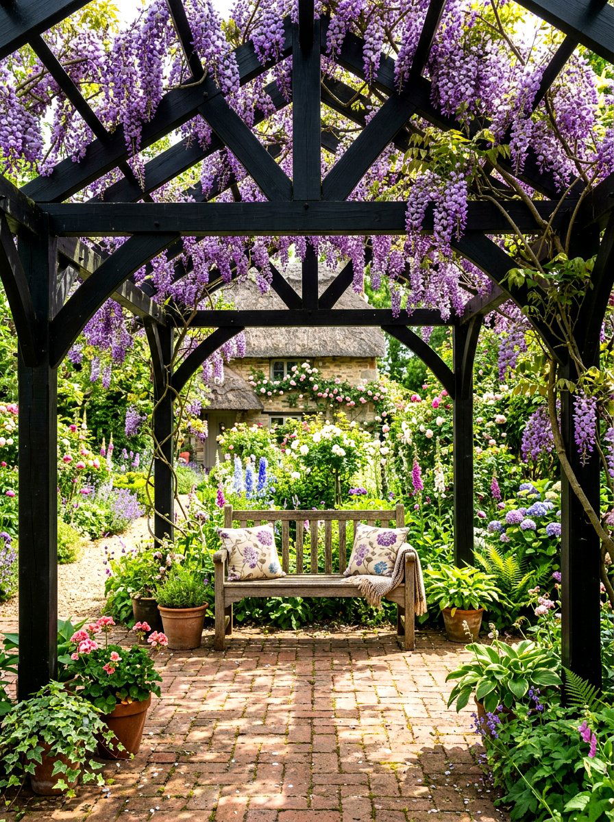 Black pergola with climbing plants - 30 black pergola ideas