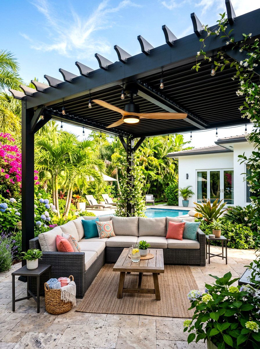 Black pergola with fan - 30 black pergola ideas
