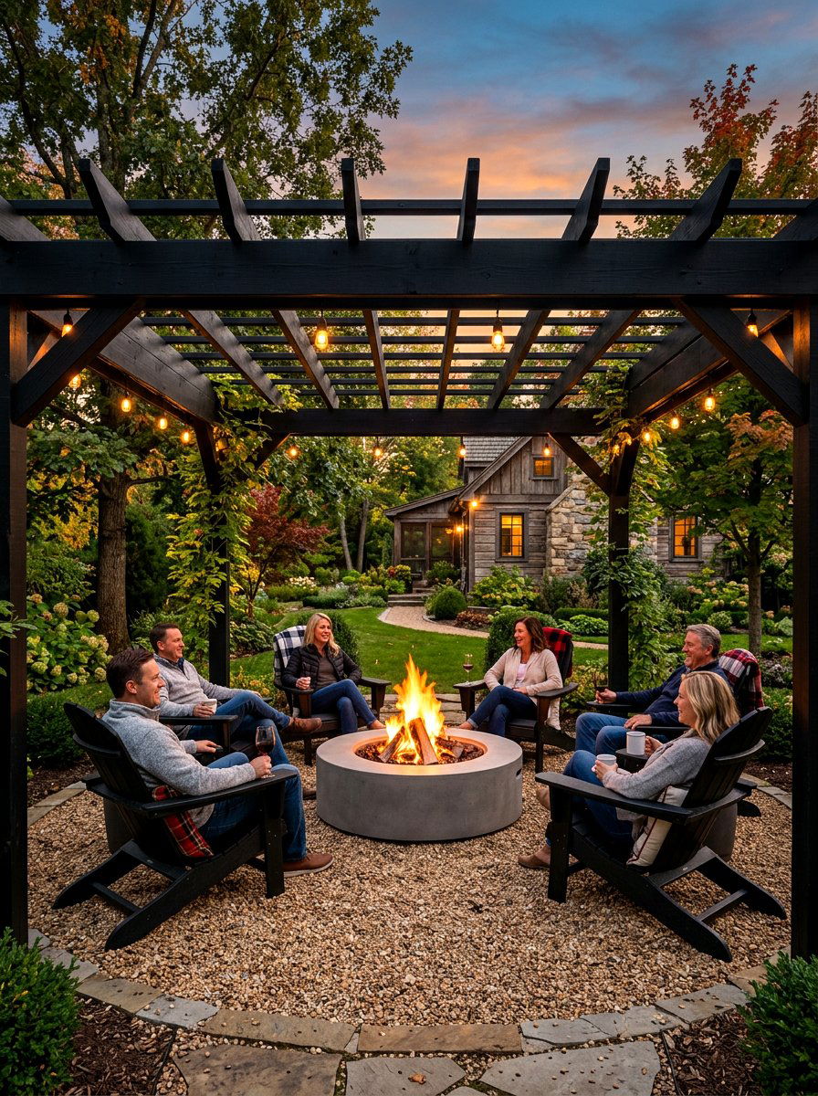 Black pergola with fire pit - 30 black pergola ideas