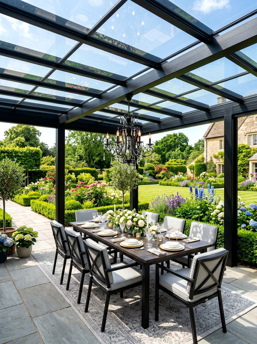 Black pergola with glass roof - 30 black pergola ideas