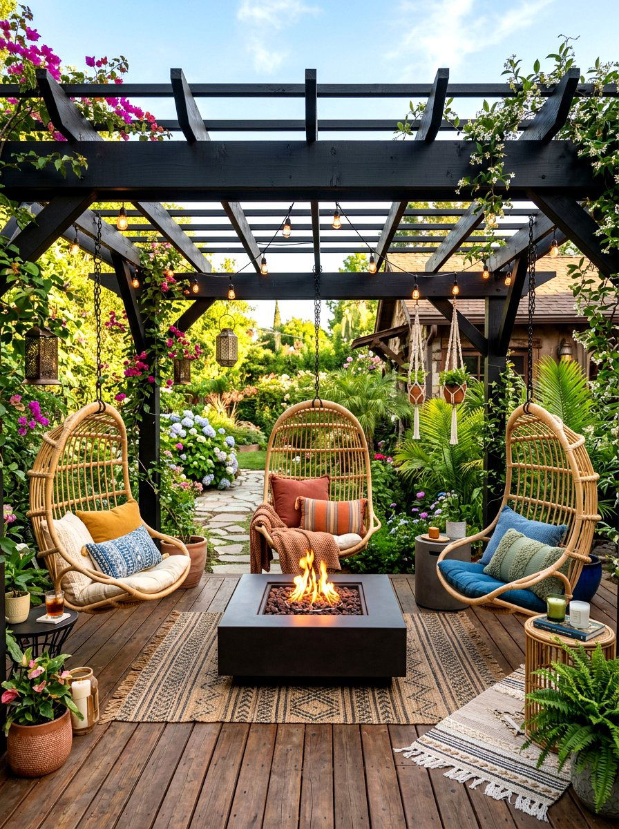 Black pergola with hanging chairs - 30 black pergola ideas