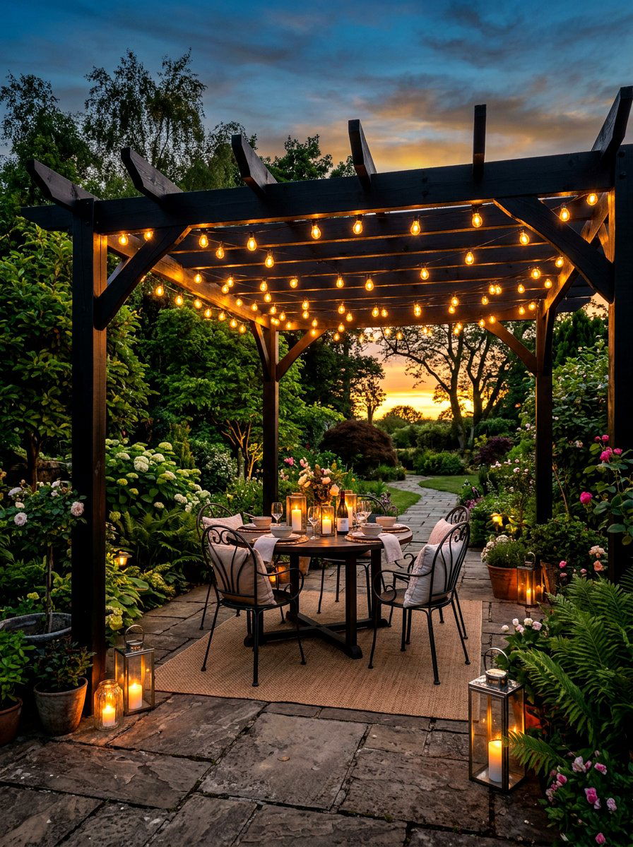 Black pergola with lights - 30 black pergola ideas