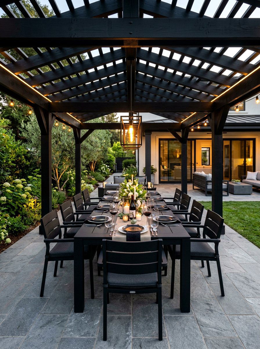 Black pergola with outdoor dining - 30 black pergola ideas