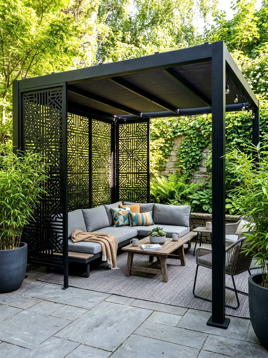 Black pergola with privacy screen - 30 black pergola ideas