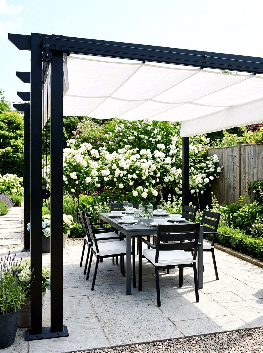 Black pergola with retractable canopy - 30 black pergola ideas