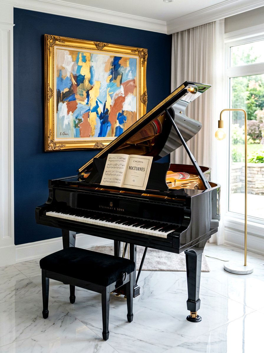 Black piano focal point - 30 piano living room ideas