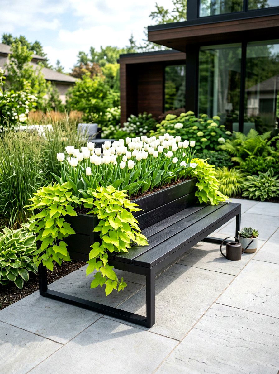 Black planter bench - 30 patio bench with planter ideas