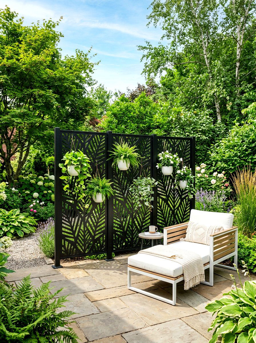 Black privacy screen with white decor - 30 black and white patio ideas