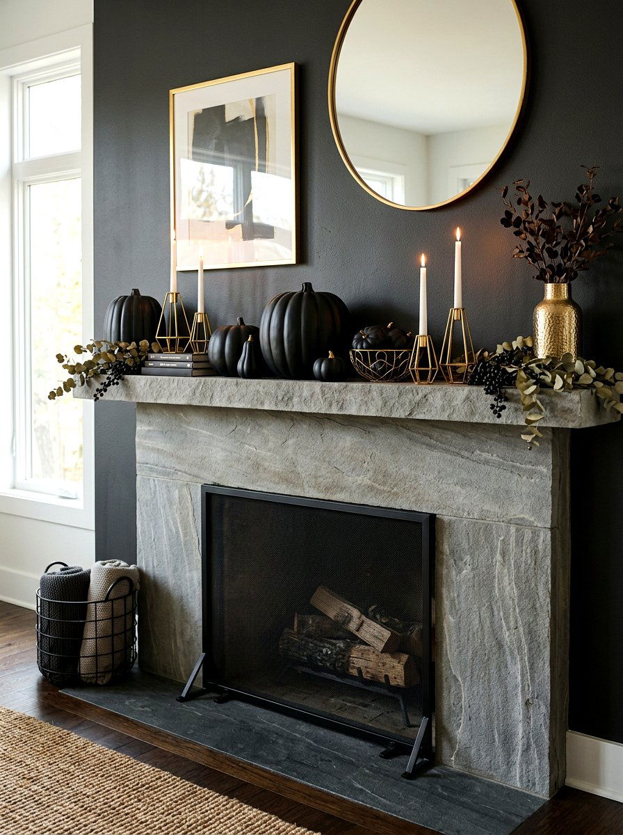 Black pumpkin decor - 30 moody mantel fall ideas