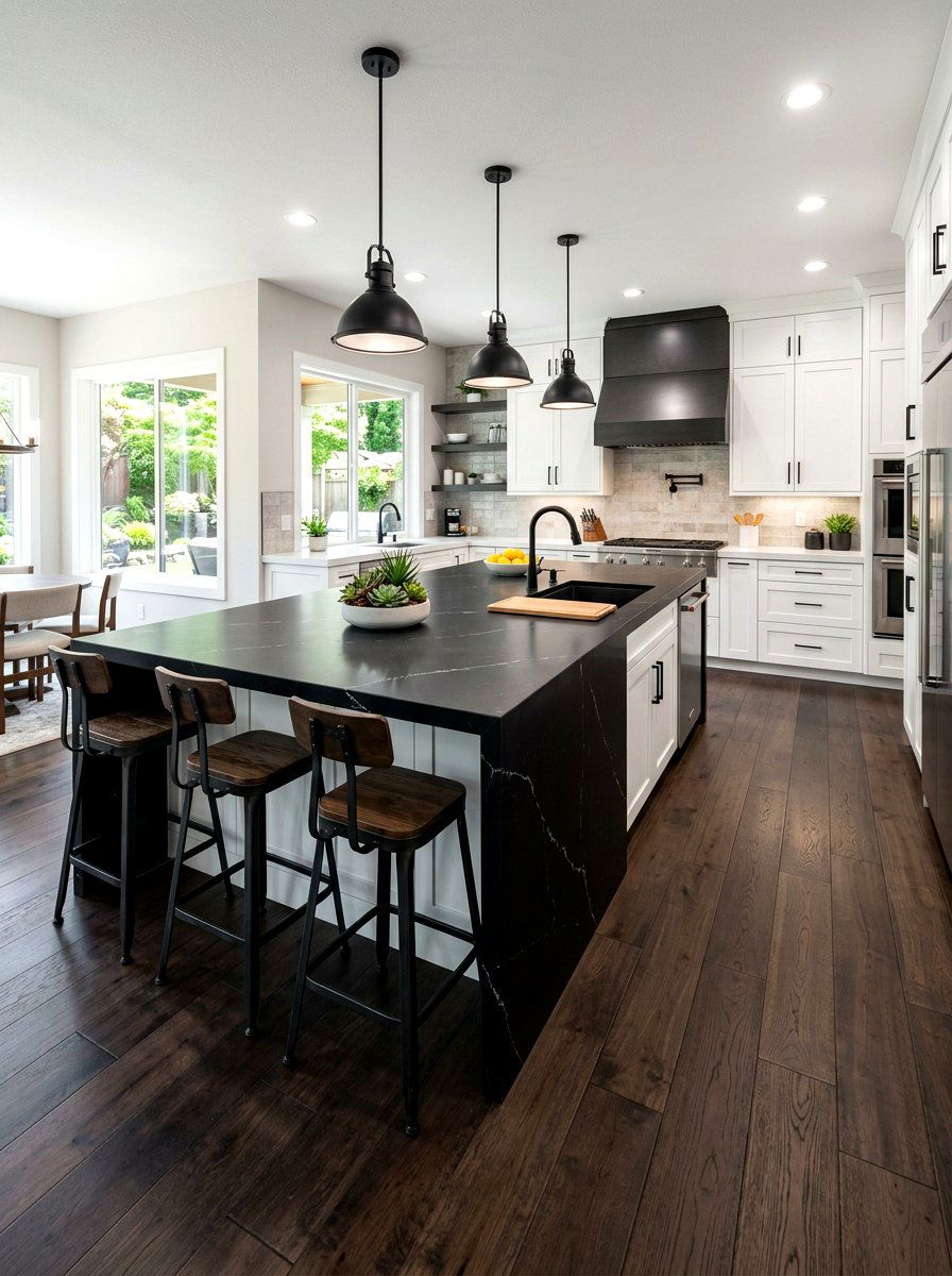 Black quartz island - 30 quartz kitchen ideas