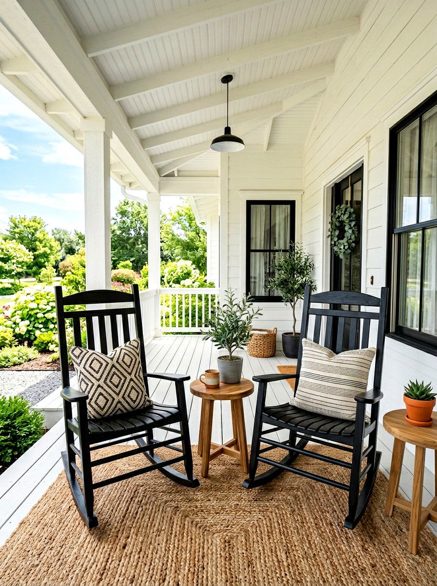 Black rocking chairs on white porch - 30 porch rocking chair styling ideas
