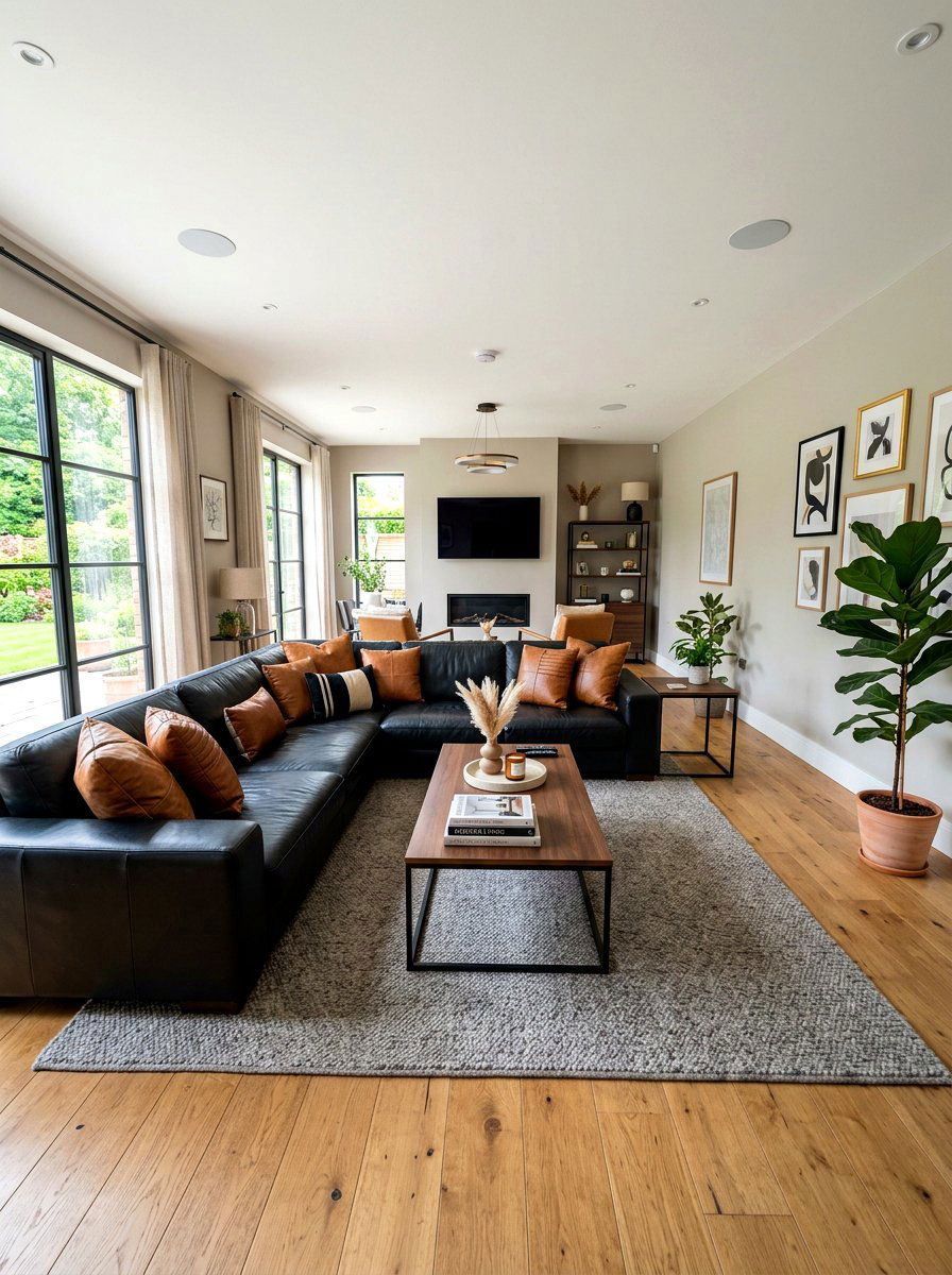 Black sectional caramel leather cushions - 30 caramel and black living room ideas