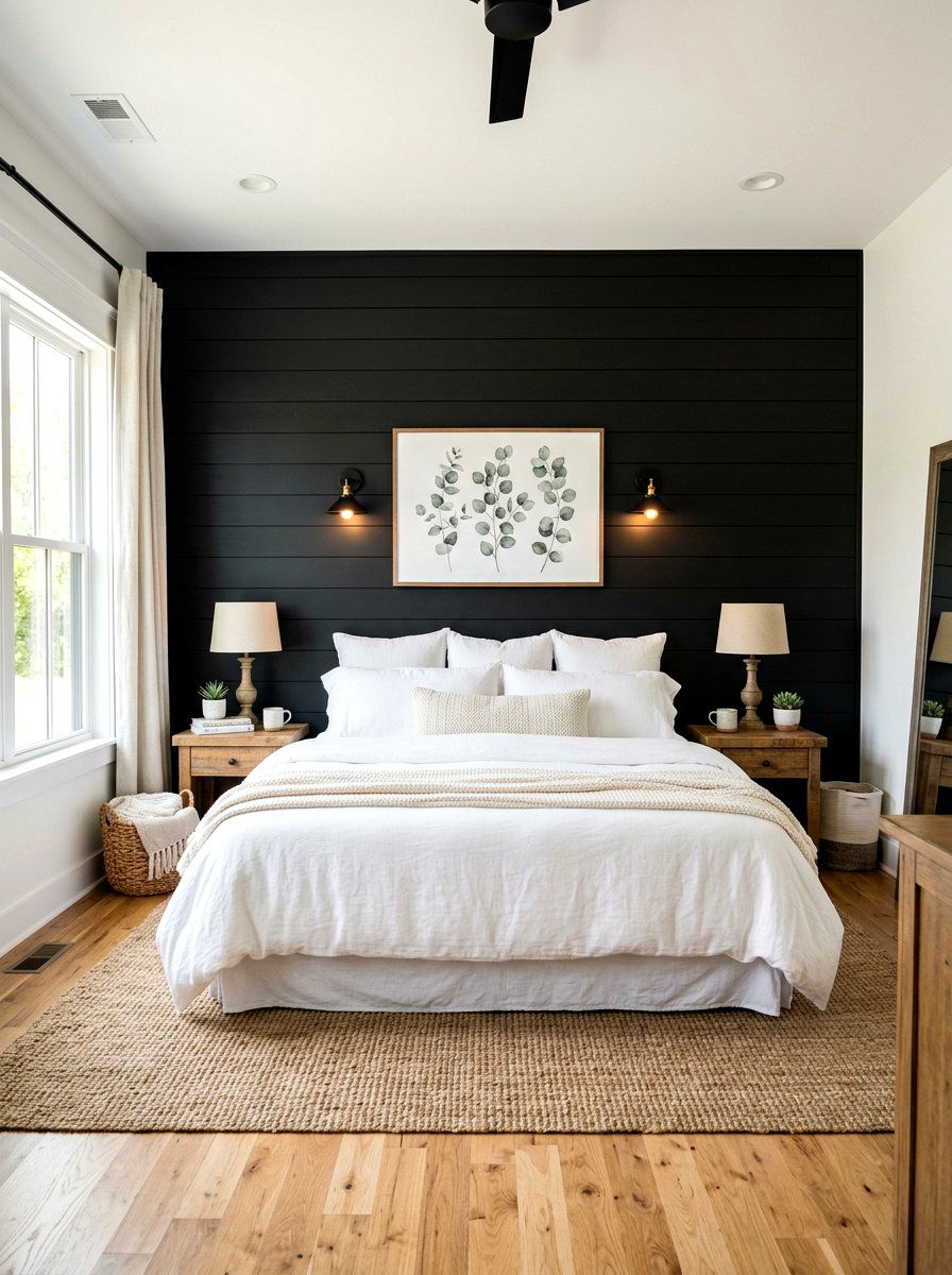 Black shiplap accent wall bedroom - 30 black bedroom ideas