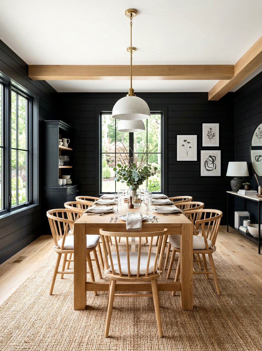 Black shiplap dining room - 30 black dining room ideas