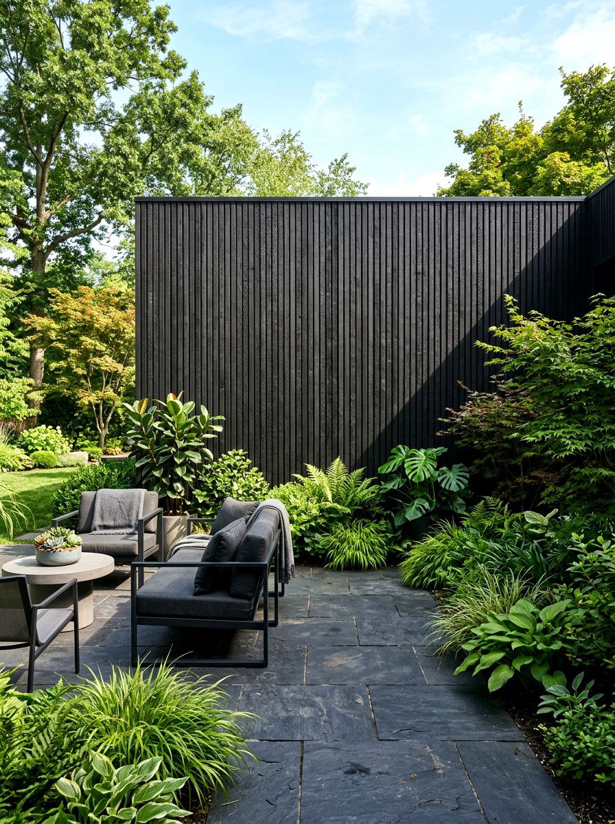Black slat wood wall - 30 outdoor shower privacy ideas
