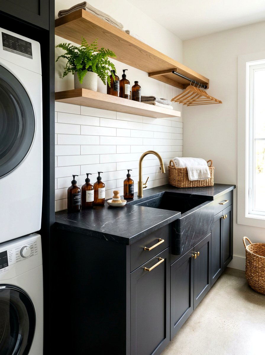 Black soapstone laundry top - 30 countertop over washer dryer ideas