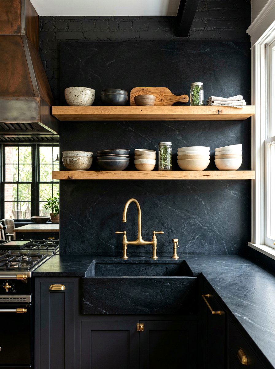 Black soapstone slab backsplash - 30 slab stone backsplash ideas