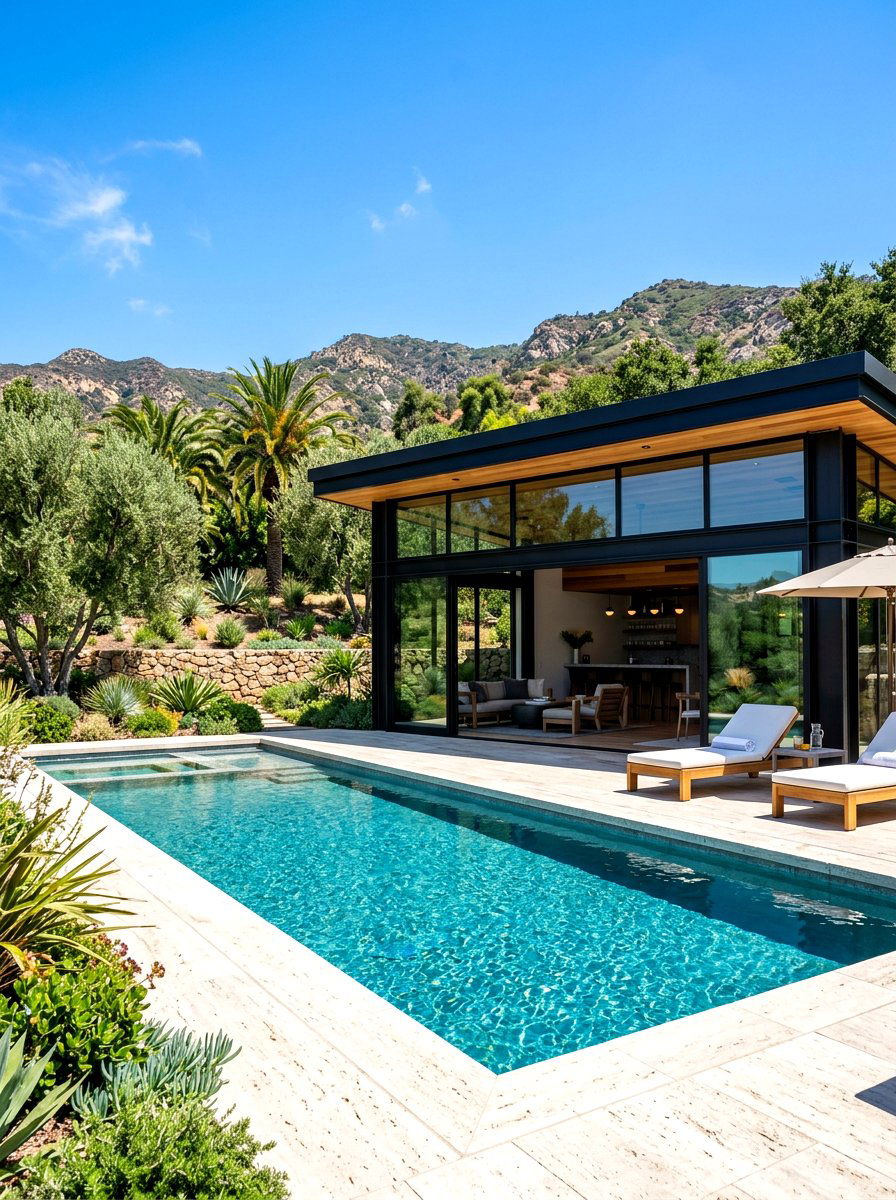 Black steel frame pool house - 30 modern pool house ideas