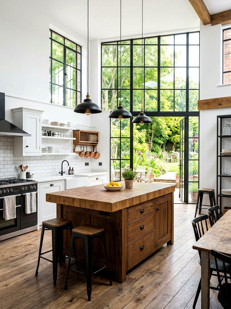 Black steel window frames - 30 industrial farmhouse kitchen ideas