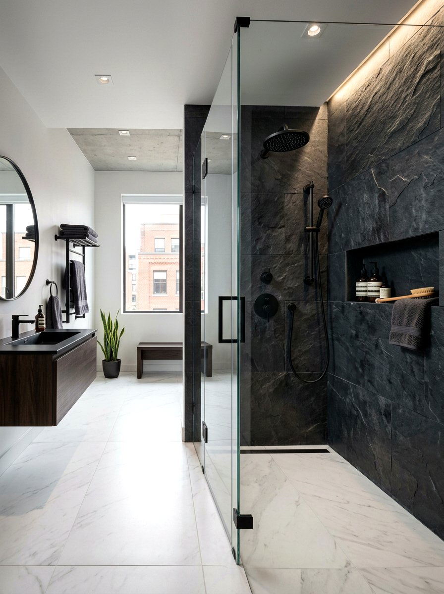 Black stone bathroom shower - 30 stone inspired bathroom ideas
