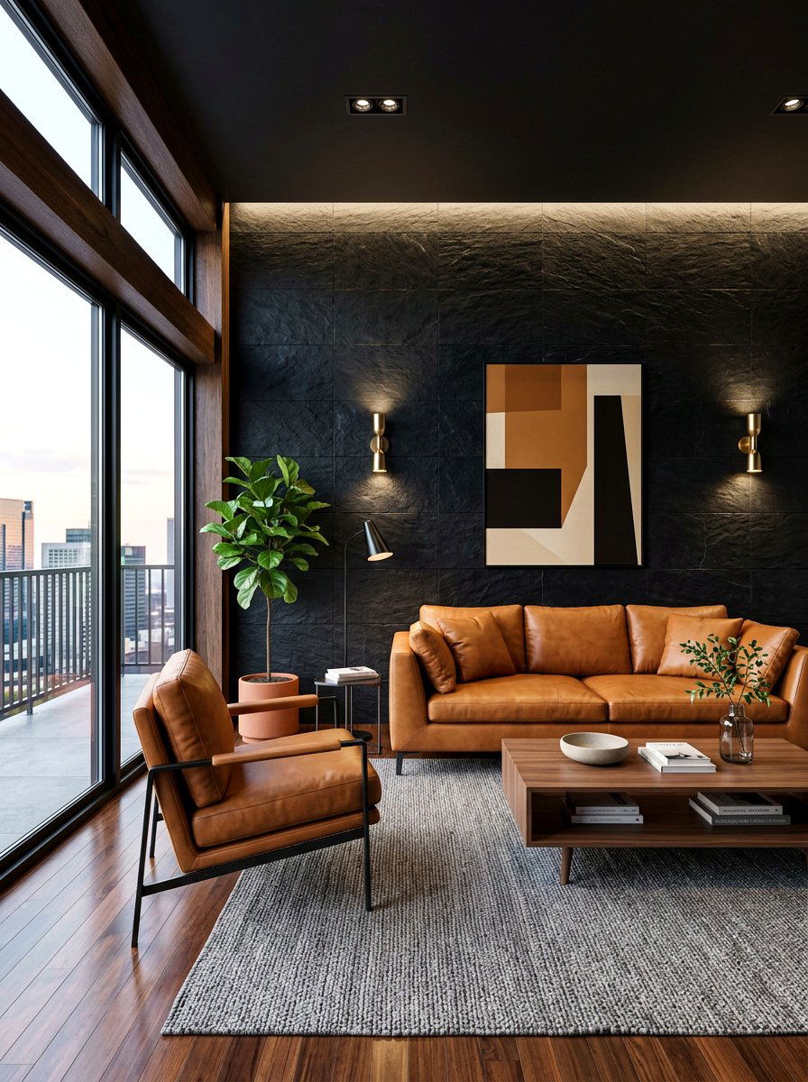 Black textured wall caramel seating - 30 caramel and black living room ideas