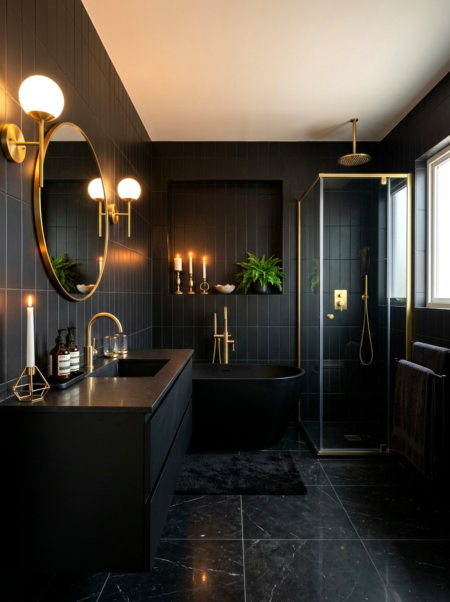 Black tile bathroom with gold candle accents - 30 candlelit bathroom ideas