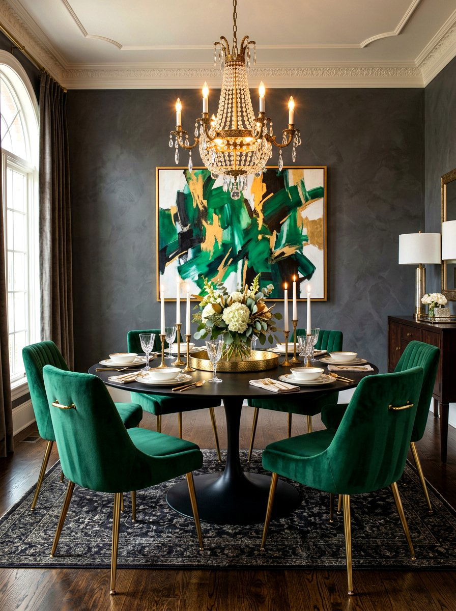 Black tulip table with velvet dining chairs - 30 tulip table decor ideas
