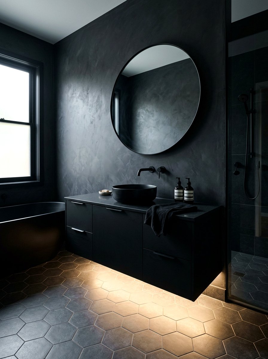 Black vanity floor contrast - 30 toe kick bathroom lighting ideas