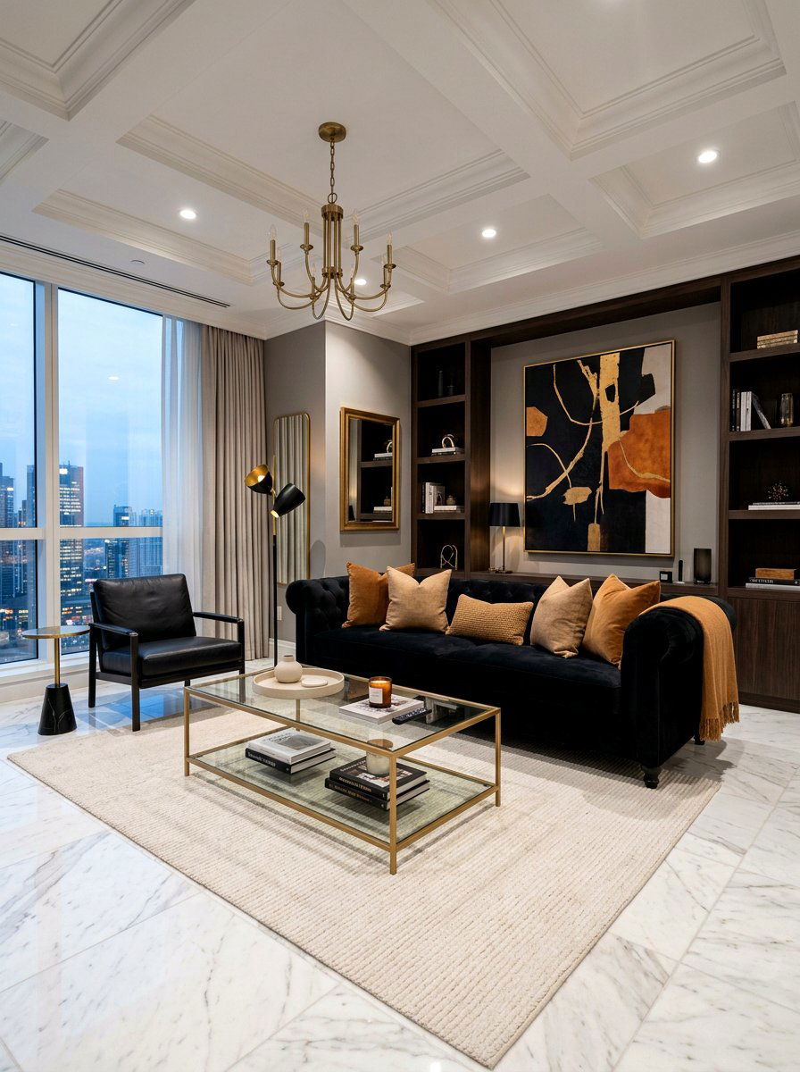 Black velvet couch caramel pillows - 30 caramel and black living room ideas