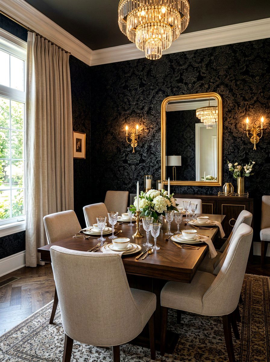 Black wallpaper dining room - 30 black dining room ideas